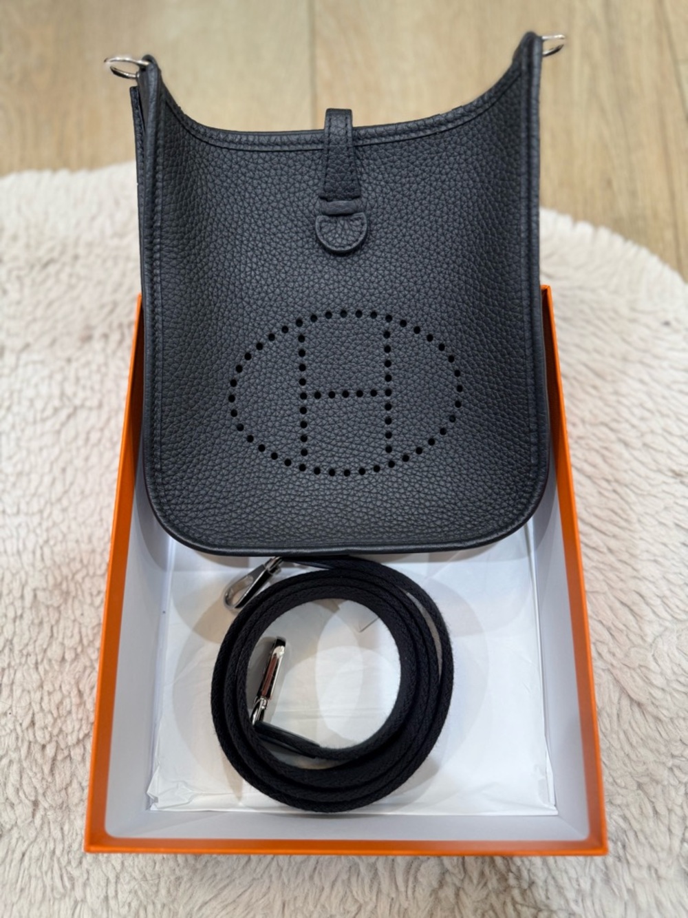 Black Crossbody Evelyn 16 Saddle Bag with Perforated 'H' Detail